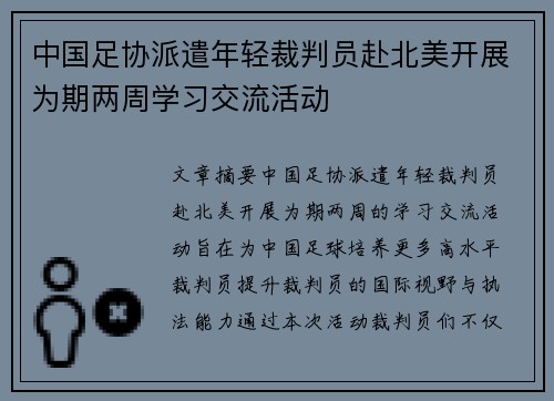 中国足协派遣年轻裁判员赴北美开展为期两周学习交流活动 中国足协派遣年轻裁判员赴北美开展为期两周学习交流活动